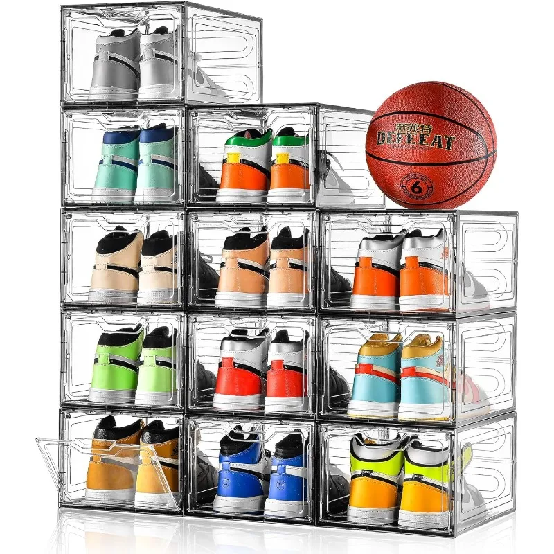 

12 Pack Shoe Boxes Shoes Organizer, Shoe Storage Organizer Boxes with Magnetic Door, Clear Shoe Organizers Sneaker Storage