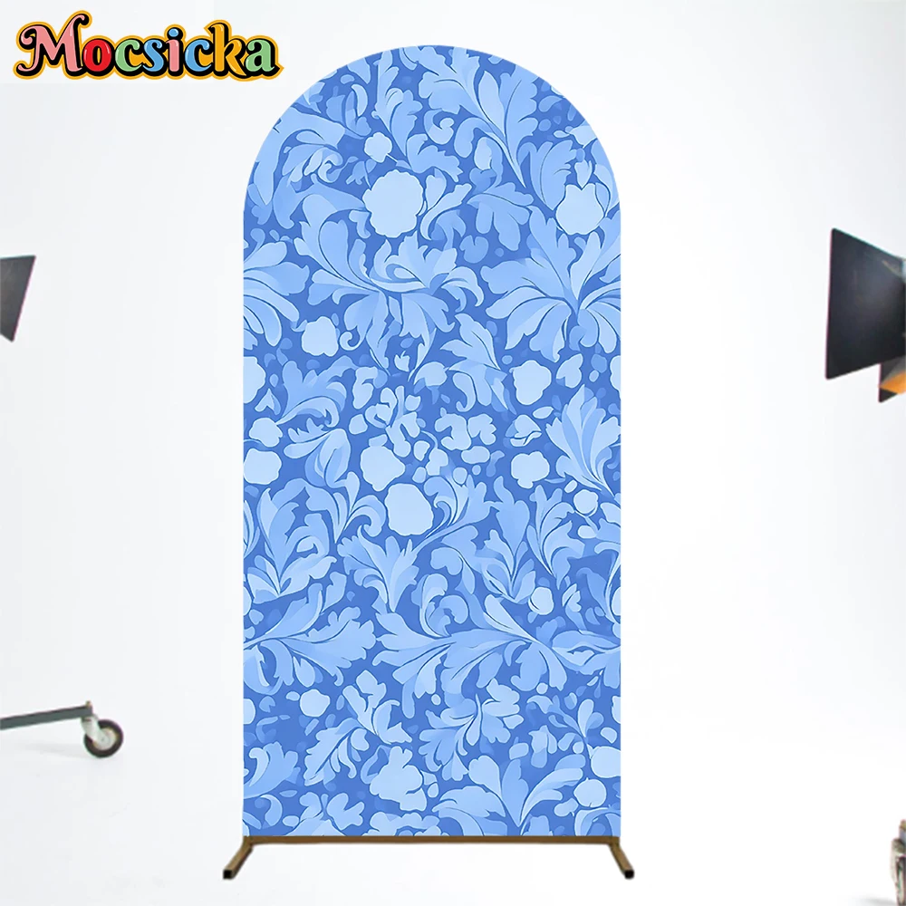 

Mocsicka Blue Art Flowers Arch Backdrop Covers Cloth Dark Texture Photo Arched Background Adult Wedding Decorations Studio Props