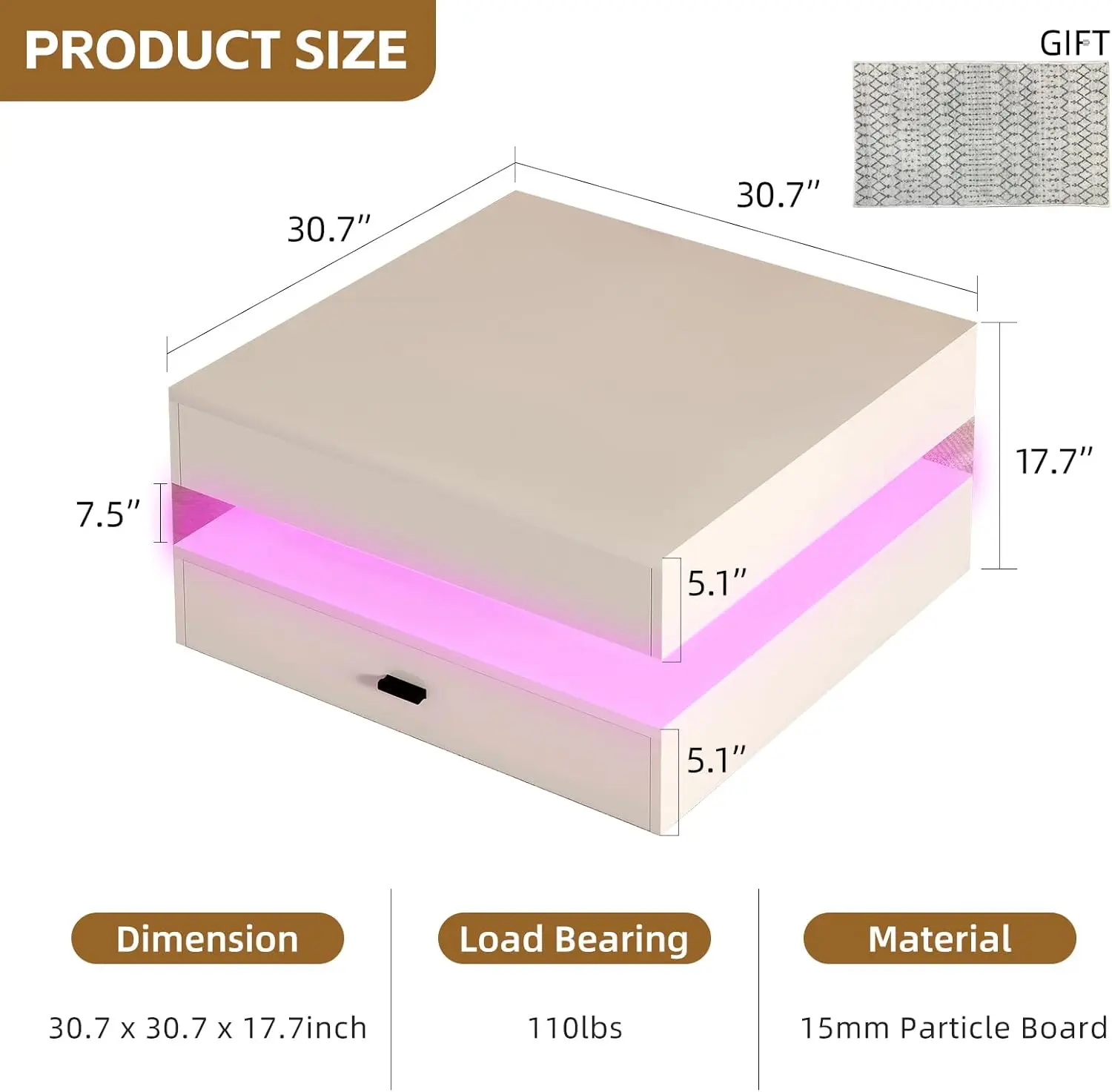 LED Coffee Table for Living Room - 2-Tier Modern High Gloss Square Table with Storage Drawers, 24-Color Adjustable Lights, Conte