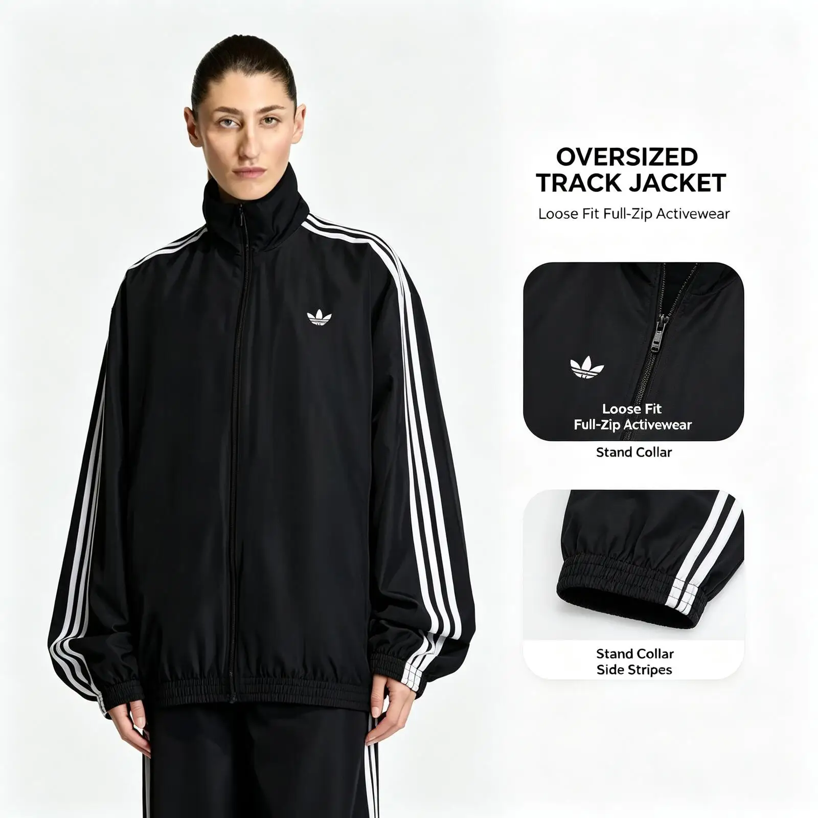 New Adidas Originals Black Oversized Track Jacket Loose Fit Stand Collar Full-Zip Side Striped Casual Sports Streetwear Running