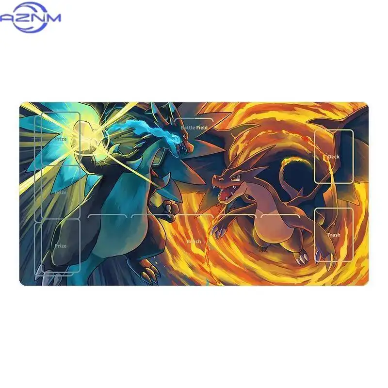 Anime Pokemon Twin Dragon Clash Art TCG Playmat with Card Zone Layout for Table Game,Anti Slip Waterproof Mouse Pad