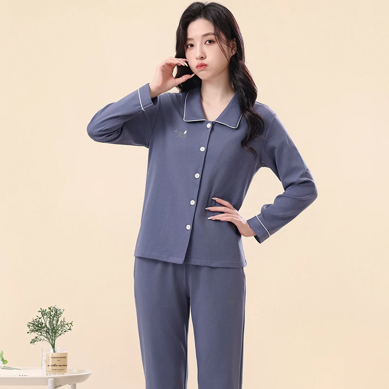 

Сплошной цвет, хлопковый осенне-зимний пижамный комплект, женская одежда для сна, повседневная пижама с длинными рукавами и лацканами, кардиган, женская домашняя одежда