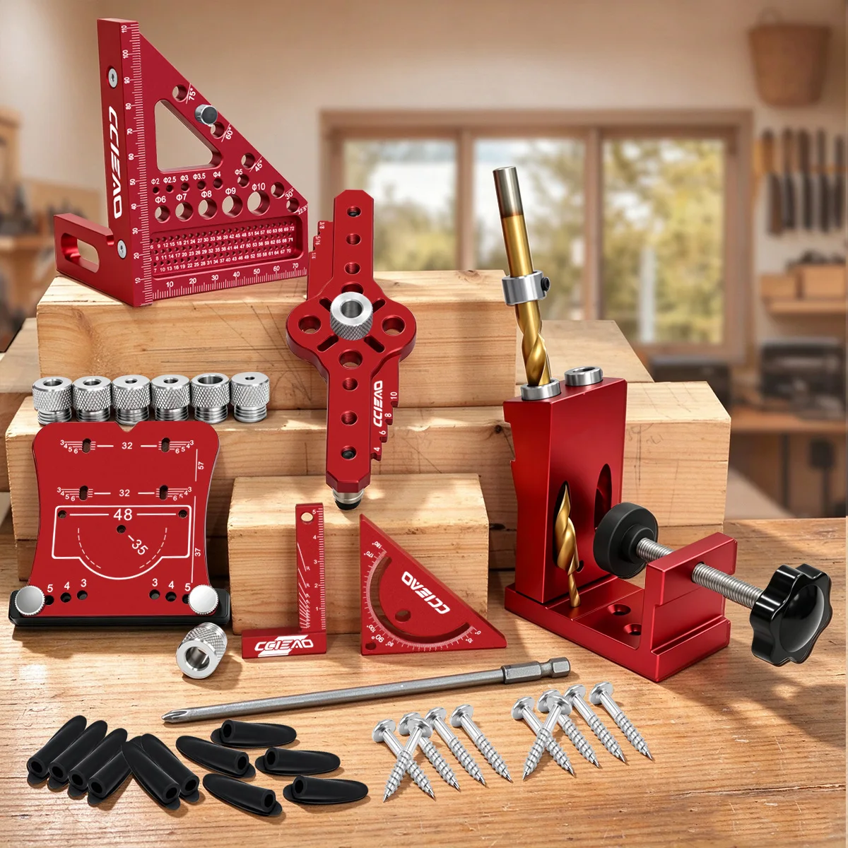 Woodworking Pocket Hole Jig Kit, Doweling Guide, Multi-angle Measuring Marking Ruler, Drilling Locator for Cabinet DIY Carpentry