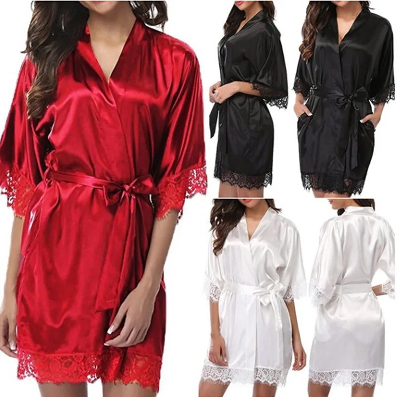 2024 New Women Ladies Sleepwear Lace Half Sleeve Nightgowns Imitation Ice Silk Sleepwear Women Night Dresses With Belt