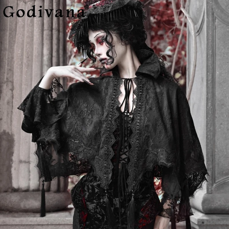 

Halloween Cos Shawl Original Gothic Lace Tassel Capes Autumn Women's French Elegant Court Style Retro Capes Female Ponchos