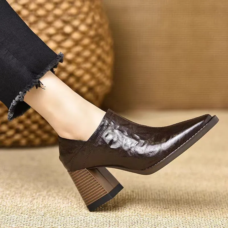 Woman Simple Shoes Sheepskin Retro Thick Heeled Basic Shoes on Heel French Style Loafers Spring Atumn Slip on Dress Work Pumps