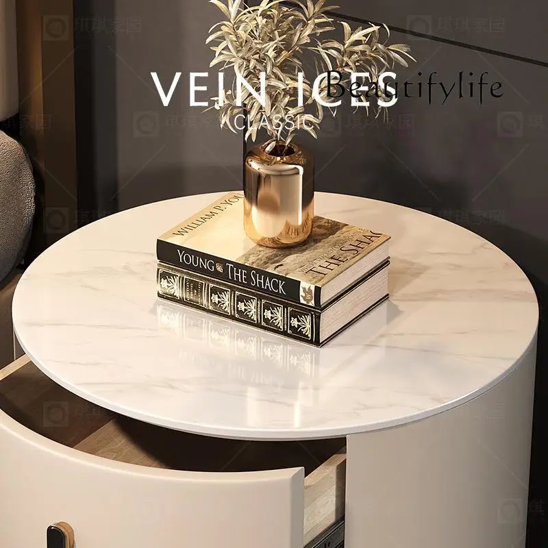 New round bedside table Modern simple light luxury bedside table Bedroom solid wood rock slab storage