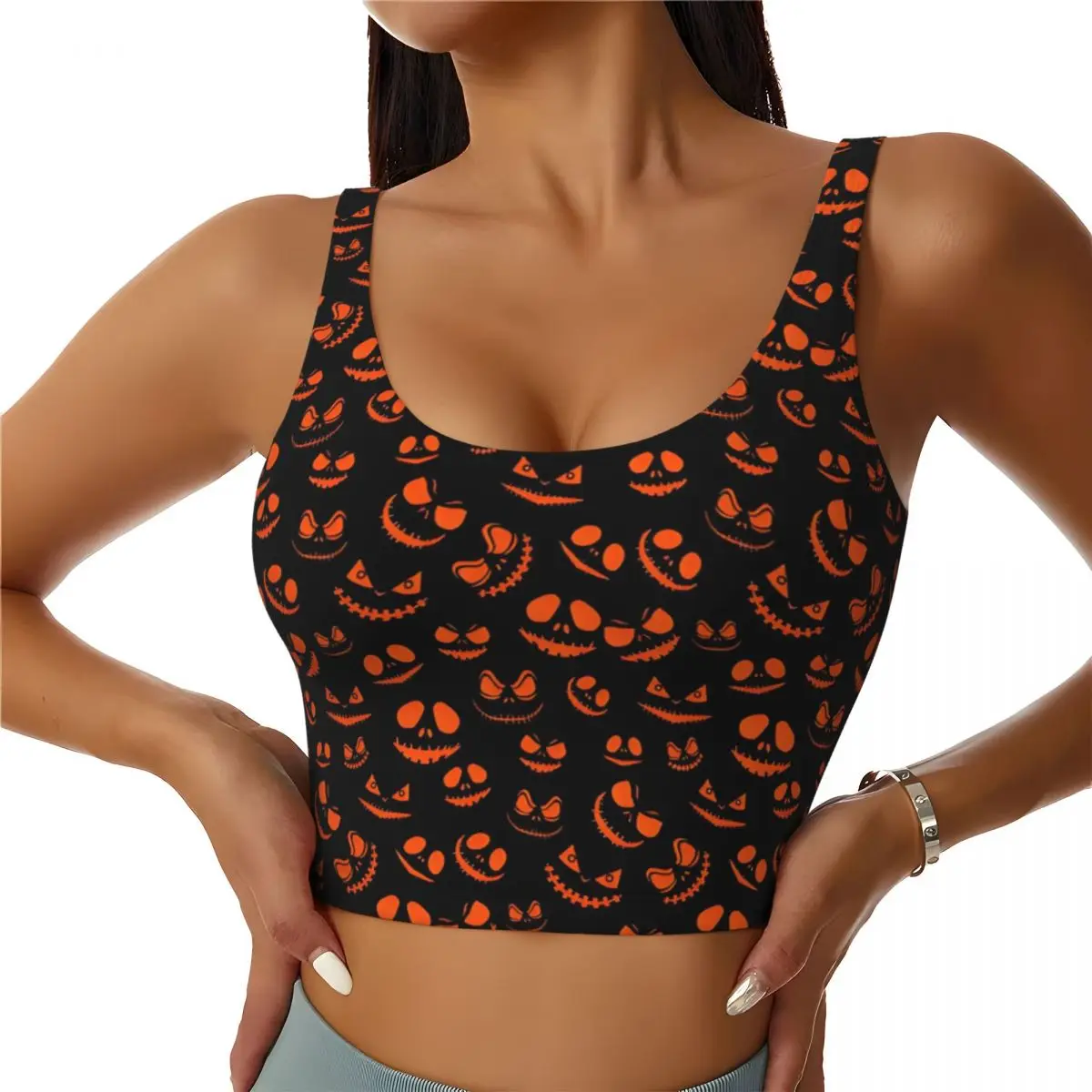 Custom Spooky Monster Eyes In The Dark Halloween Party Hollow Sports Bra Women's High Impact Workout Yoga Crop Top