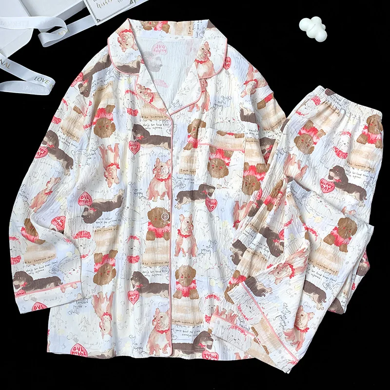 Autumn Ins Style Cute Dog Party Printed Pajamas Loungewear Set Women Long-Sleeved Cloud Cotton Loungewear Set Actual Photos