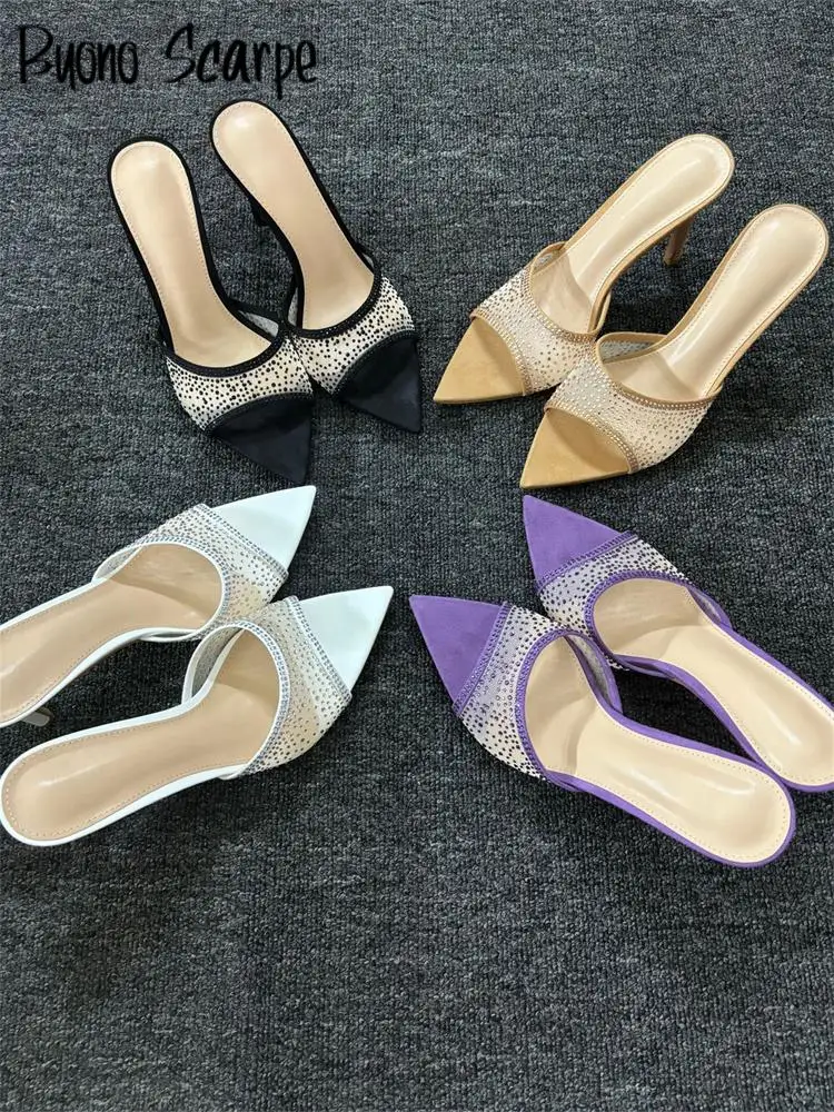 

Новинка 2023 года, женские сандалии на тонком высоком каблуке со стразами и острым носком, уличные тапочки без шнуровки, модная пикантная обувь для вечеринок в стиле вестерн