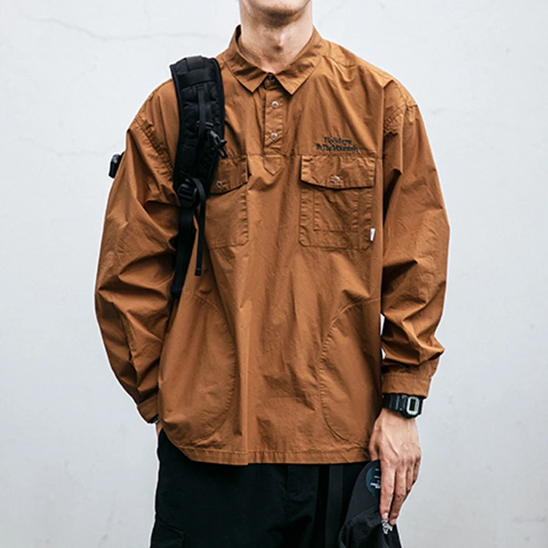 Streetwear japonais printemps et automne, pull à revers chemise poche broderie, vêtements de Couple, coréen Casual manteaux de haute qualité pour hommes