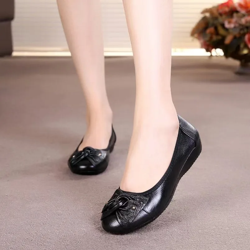 

2022, весенне-осенняя модная обувь из натуральной кожи, женская обувь на плоской подошве, рабочая классическая модная женская повседневная балетная обувь с бантом