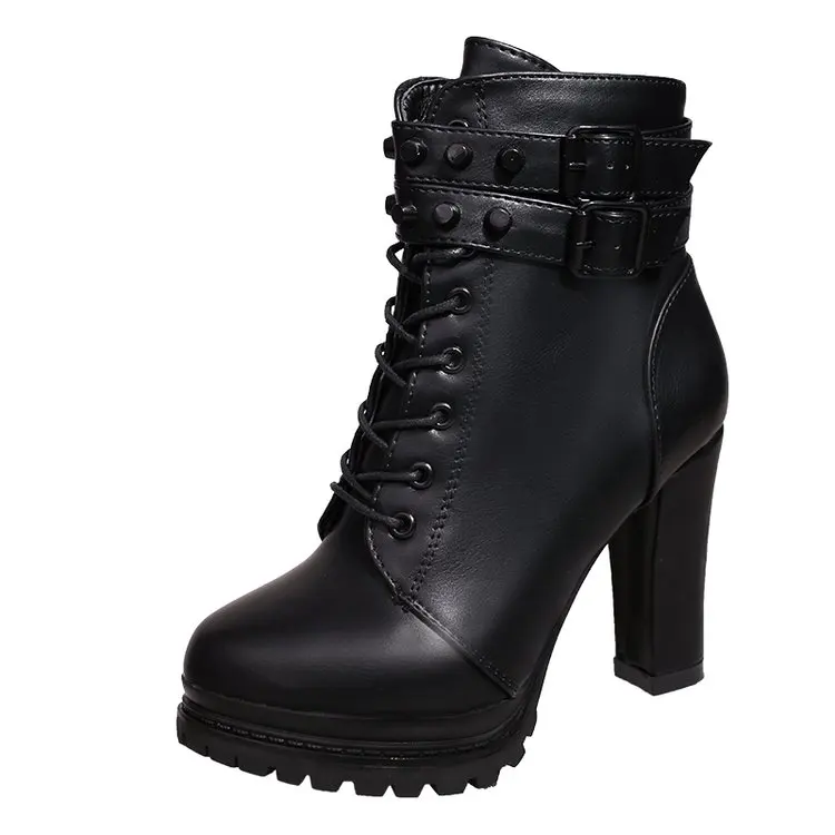 New Autumn Women Ankle Boots Platform High Heel Shoes Ladies Lace Up Buckle Strap Short Boots Casual Female Footwear