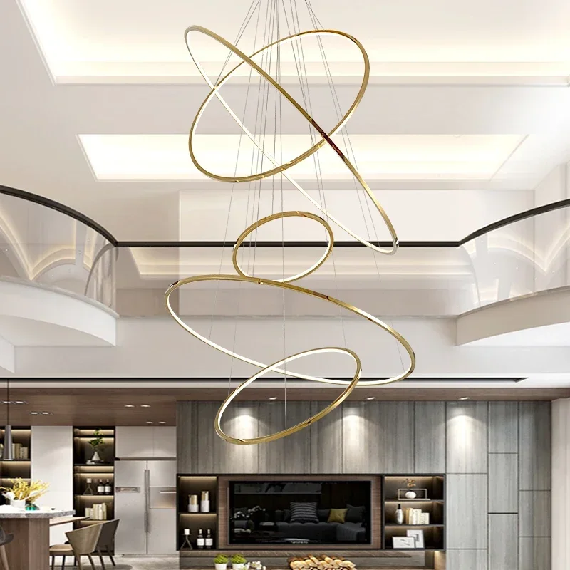 Modern Golden Luxury Chandelier Duplex Villa Staircase Large Chandelier Dining Room Circular Ring-shaped High Living Room Lamps