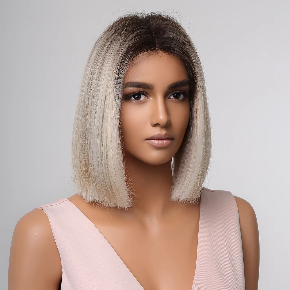 Short Straight Bob Wigs Ash Blonde Ombre Natural Hair Dark Root Synthetic Wigs Middle Part for Women Heat Resistant Cosplay Wigs