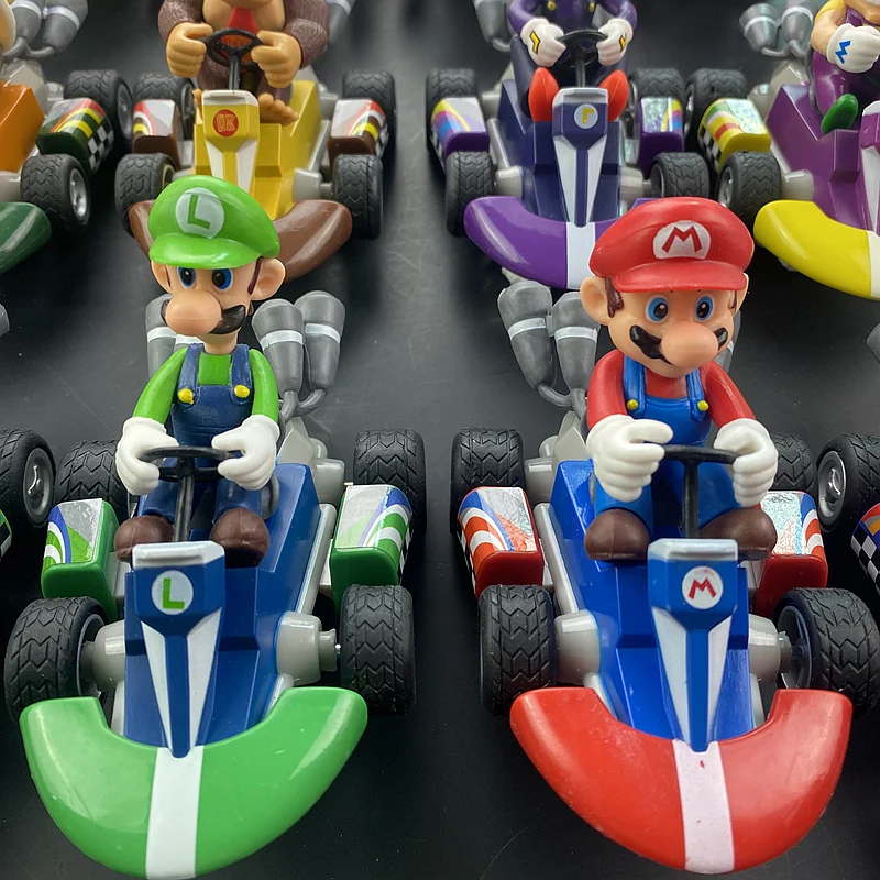 Super mario bros dos desenhos animados bonecas modelo anime figuras luigi yoshi mario puxar para trás carro modelo colecionável brinquedos para crianças presente de aniversário