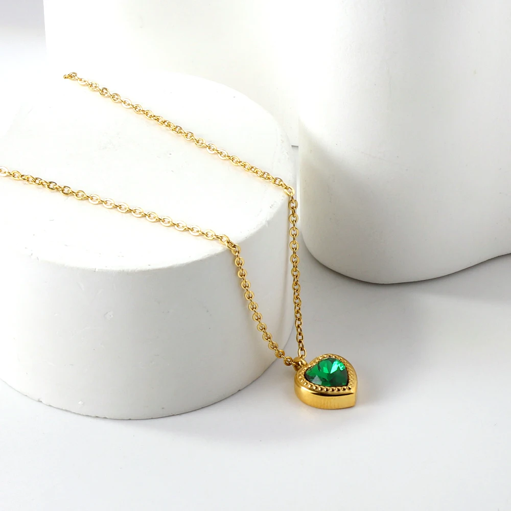 Vintage Green Stanless Steel Jewellery Pendant Necklace Cubic Zirconia Link Chain Choker Necklace Gold Plated Jewelry Gifts