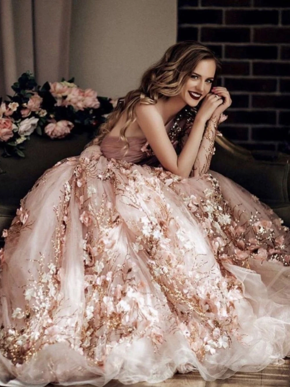 Dreamy Rose Gold Shiny Evening Dress Romantic Blooms One Shoulder A Line Prom Gown Chic Party Customized Special Occasions Wear