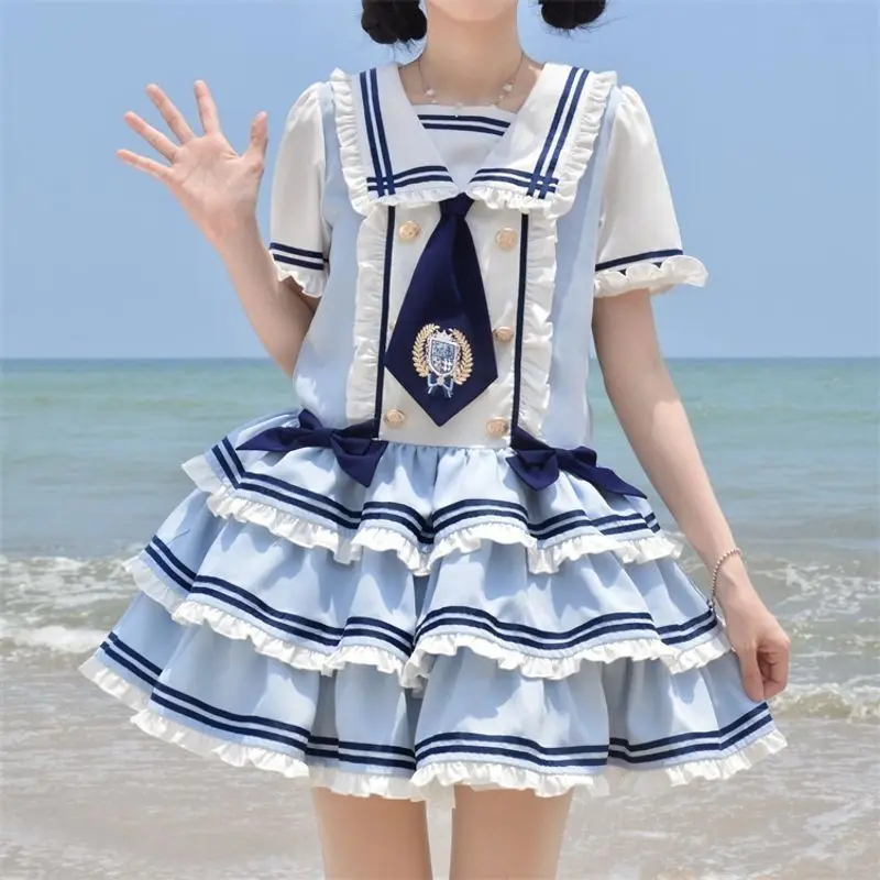 Japanese Sweet Sailor Lolita Dress Women Designer Light Blue White Ruffle Layered Puffy Skirt Kawaii Harajuku Outfit Chic Retro view 6