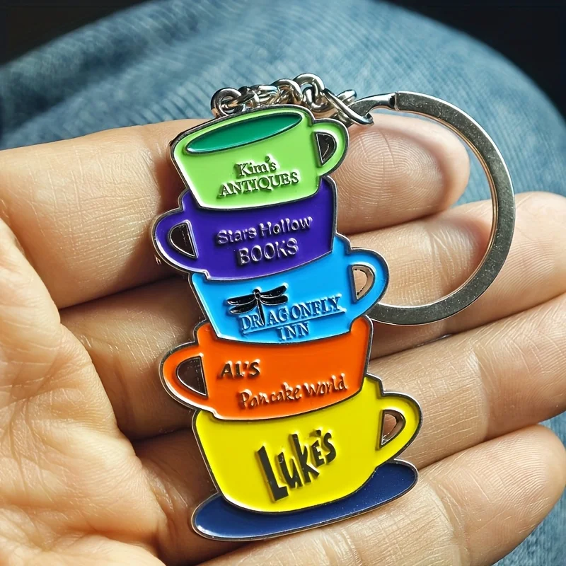 Adorable Stacked Mug Enamel Keychain - TV Show Themed Coffee Cup Keyring, Stylish Backpack Charm, Perfect Gift for Friends