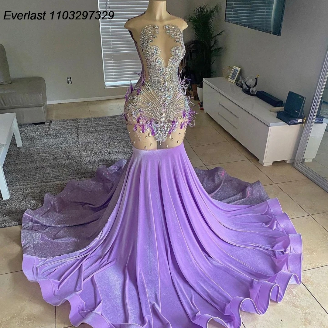 EVLAST Customized Lavender Feather Rhinestone Velvet Prom Dress For Black Girls Silver Diamonds Beaded Party Gala Gown TPD107