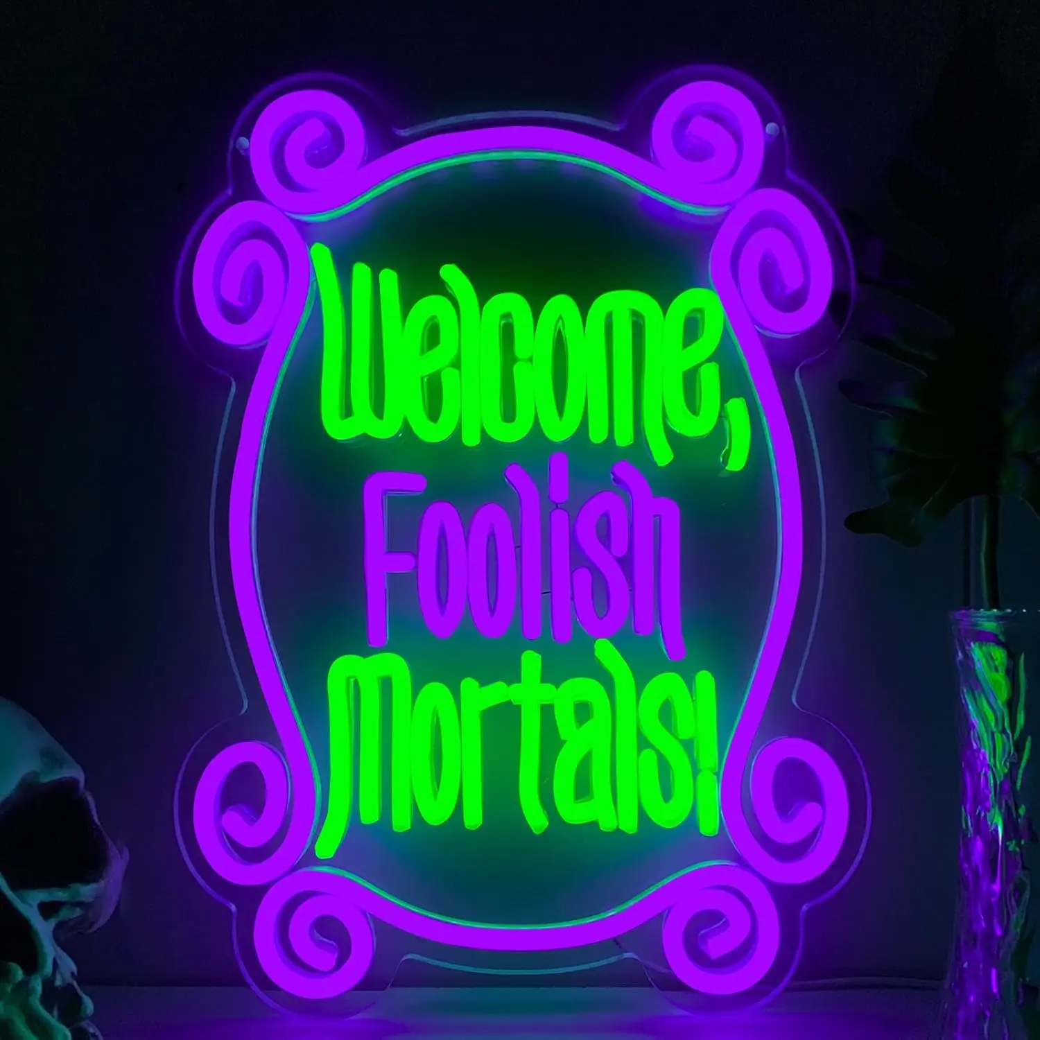 Welcome Foolish Mortals Neon Sign Haunted Mansion Decor USB Dimmable Spooky Gothic Coffin LED Neon Light Halloween Party Decor