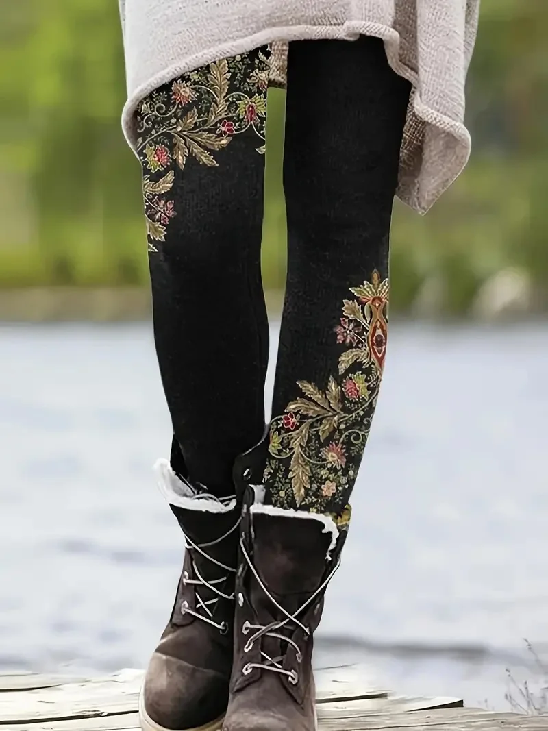 Ethnic print casual stretch slim-fit elastic waist tight-fitting leggings for women everyday wear