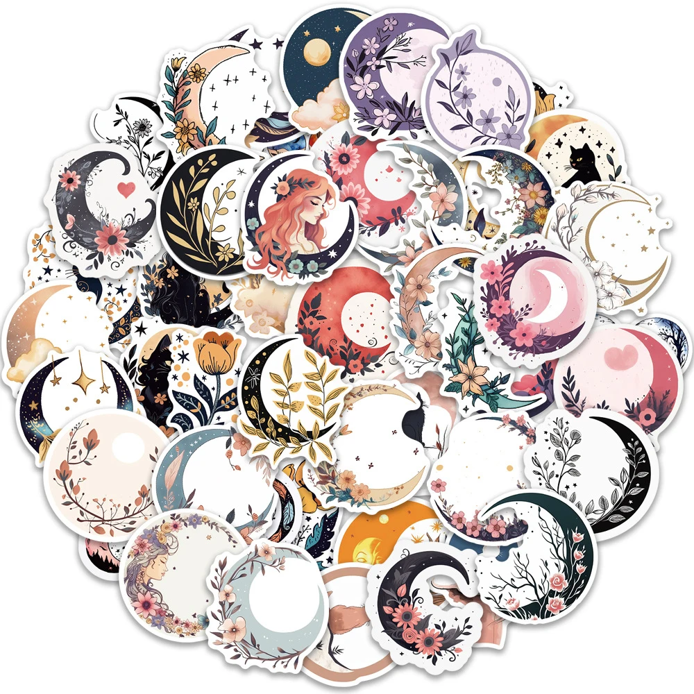 

10/30/50pcs Bohemian Style Moon Flower Cat Stickers Aesthetic Art Cartoon Sticker Water Bottle Laptop Phone Decals Decoration