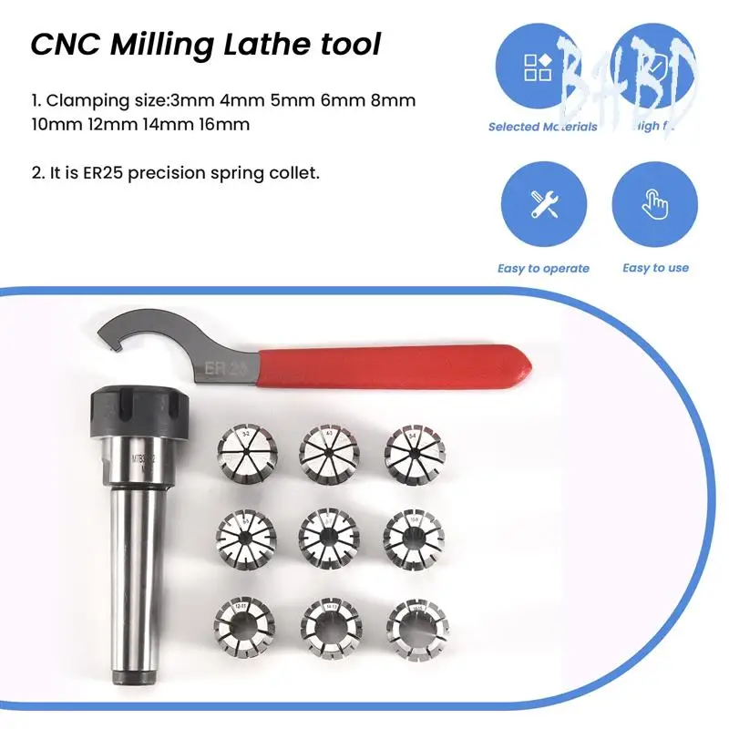 

BHBD-9Pcs Er25 Spring Collets+1Pcs Mt3 M12 Er25 Collet Chuck Morse Taper Holder For Cnc Milling Lathe Tool