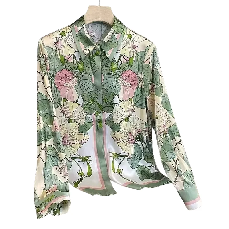 Satin Women Shirt Long Sleeve Blouses Floral Print Summer Turn-down Collar Soft Comfortable New Korean Fashion Casual Loose Tops