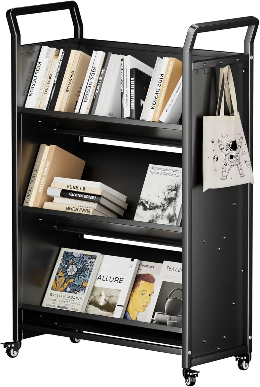 

Library Book Cart with Wheels,49.6''x31.5''x13.8'' Rolling Book Cart,Sided V-Shaped Sloped Shelves with 6 Hooks,Suitable