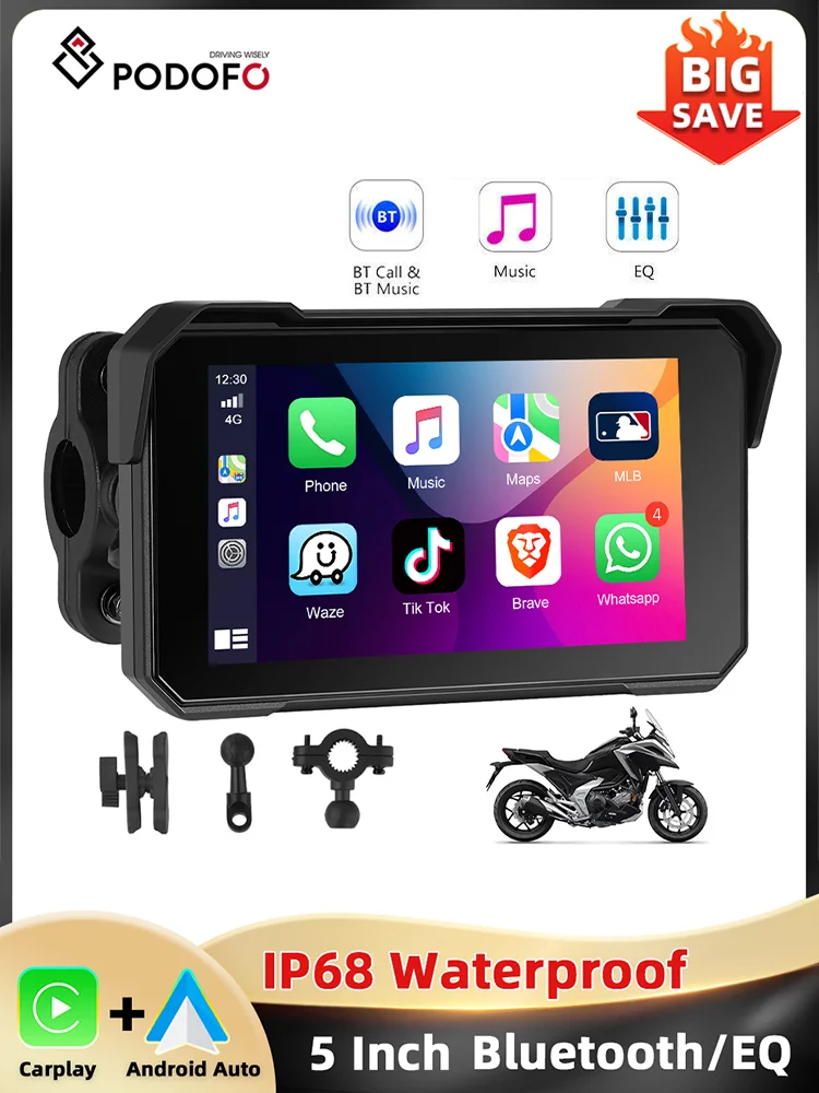 Podofo 5 ''IPS Scherm Motorfiets Carplay Android Auto Helderheid Aanpassing IP68 Waterdichte Bluetooth 5.0 Smart Screen Speler - afbeelding 2