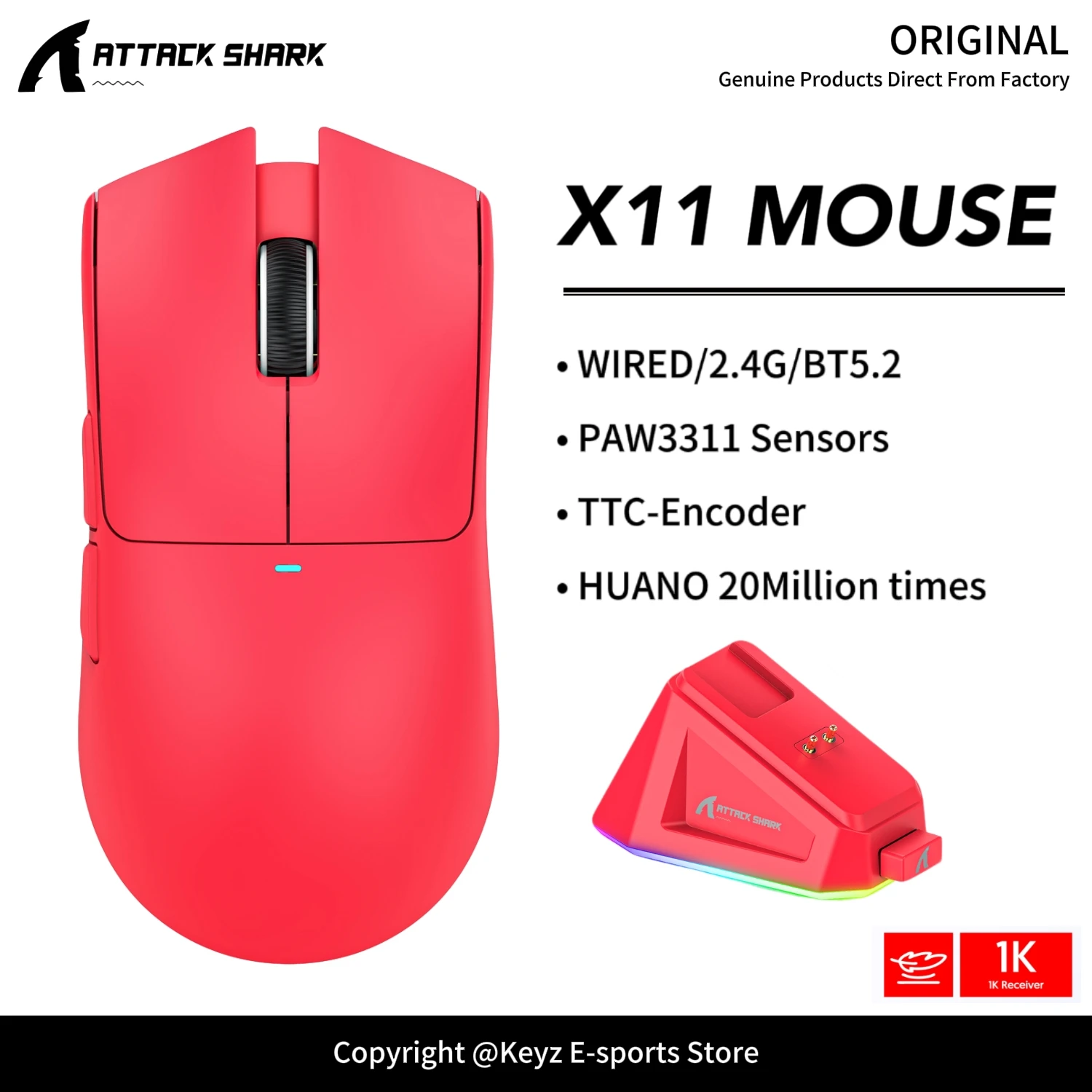 ATTACK SHARK X11 Lightweight Mouse 1000Hz Return Rate Wireless Mouse 22000DPI and TTC Encoders for Intelligent Low Power Mouse