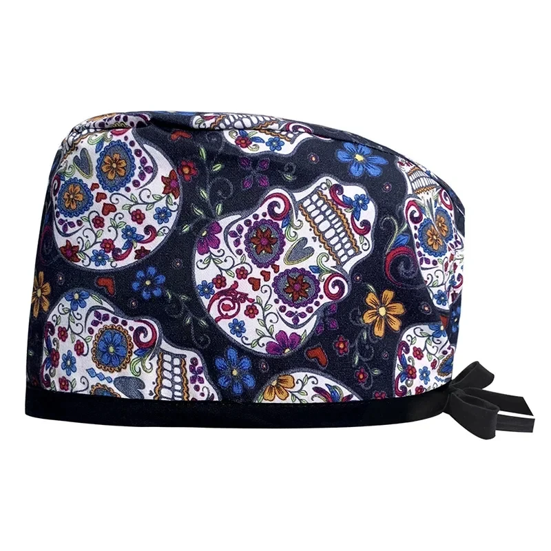 Cartoon Print Scrub Women Hat Adjustable Elastic Buckle Multicolor Pet Grooming Nutritionist Work Hospital Surgical Caps