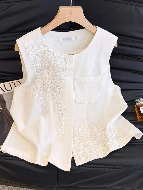 

Корейский и японский стиль: Женский жилет с объемной вышивкой, свободный крой, хлопок и лен, повседневная летняя верхняя одежда