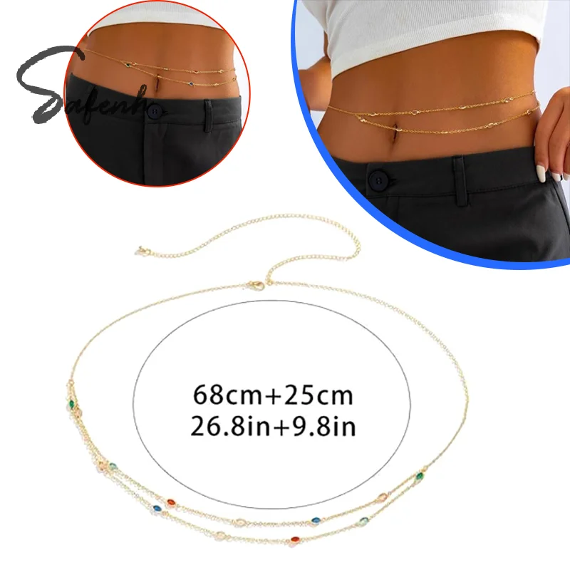 

Y2K минималистичная двухслойная поясная цепочка со стразами, летняя пляжная повседневная поясная цепочка в стиле хип-хоп, модные поясные цепочки