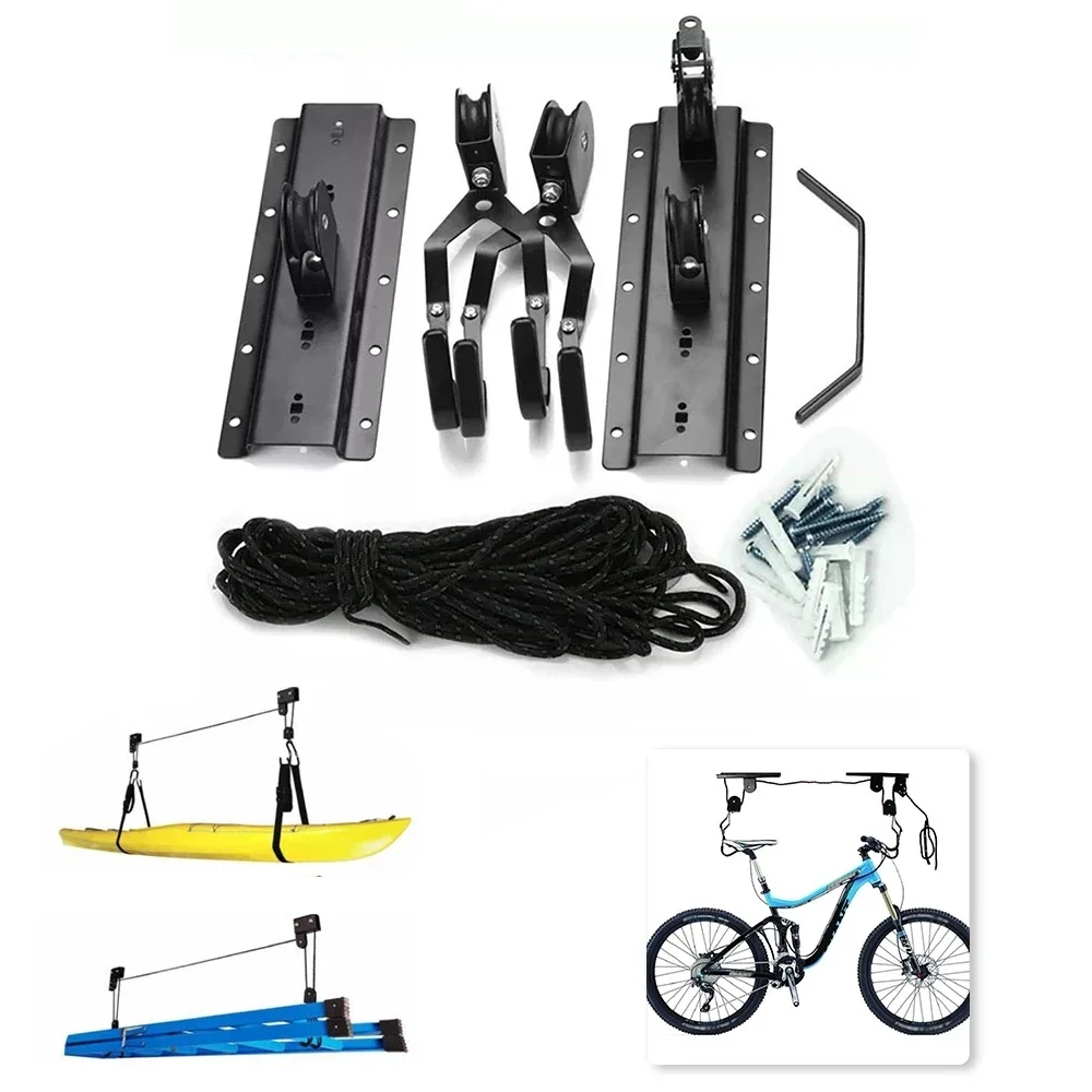 Universal Black Bicycle Ceiling Lift 40kg Load With Hook Bicycle Lift Bicycle Bike Storage Garage Hanger Mounted Pulley Rack