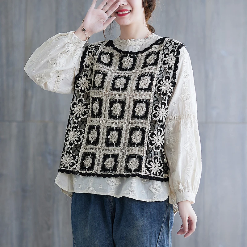 Retro Lace Knitted Belted Vest Women's New Style Double-Sided Wear round Neck Sleeveless Anti-Aging Open Cardigan Vest Autumn