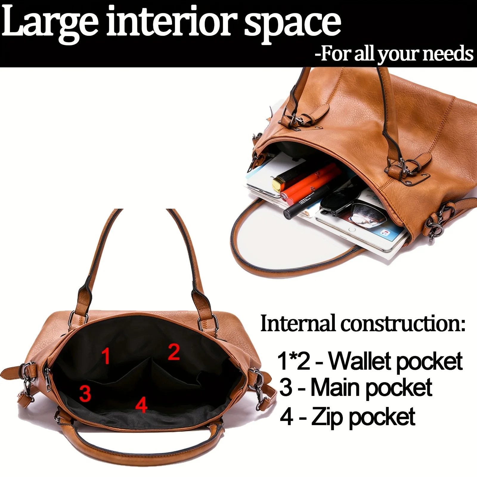 2PC+Women\'s tote handbag leather large capacity women\'s one shoulder crossbody mobile phone bag wallet detachable shoulder strap