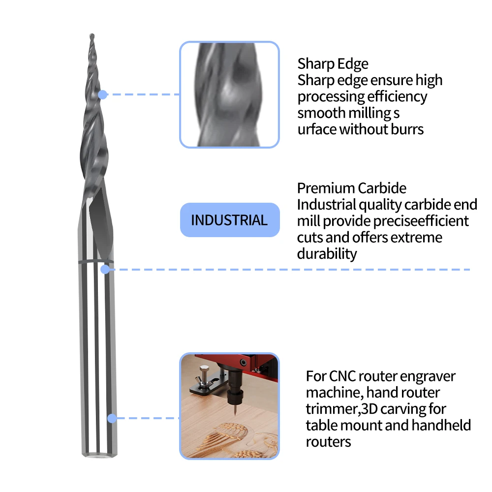 3PCS D3.175x38x5.09 HRC55 2Flute Tungsten solid carbide Tapered Ball Nose End Mills Wood working CNC 3D Carving Bits Milling cut