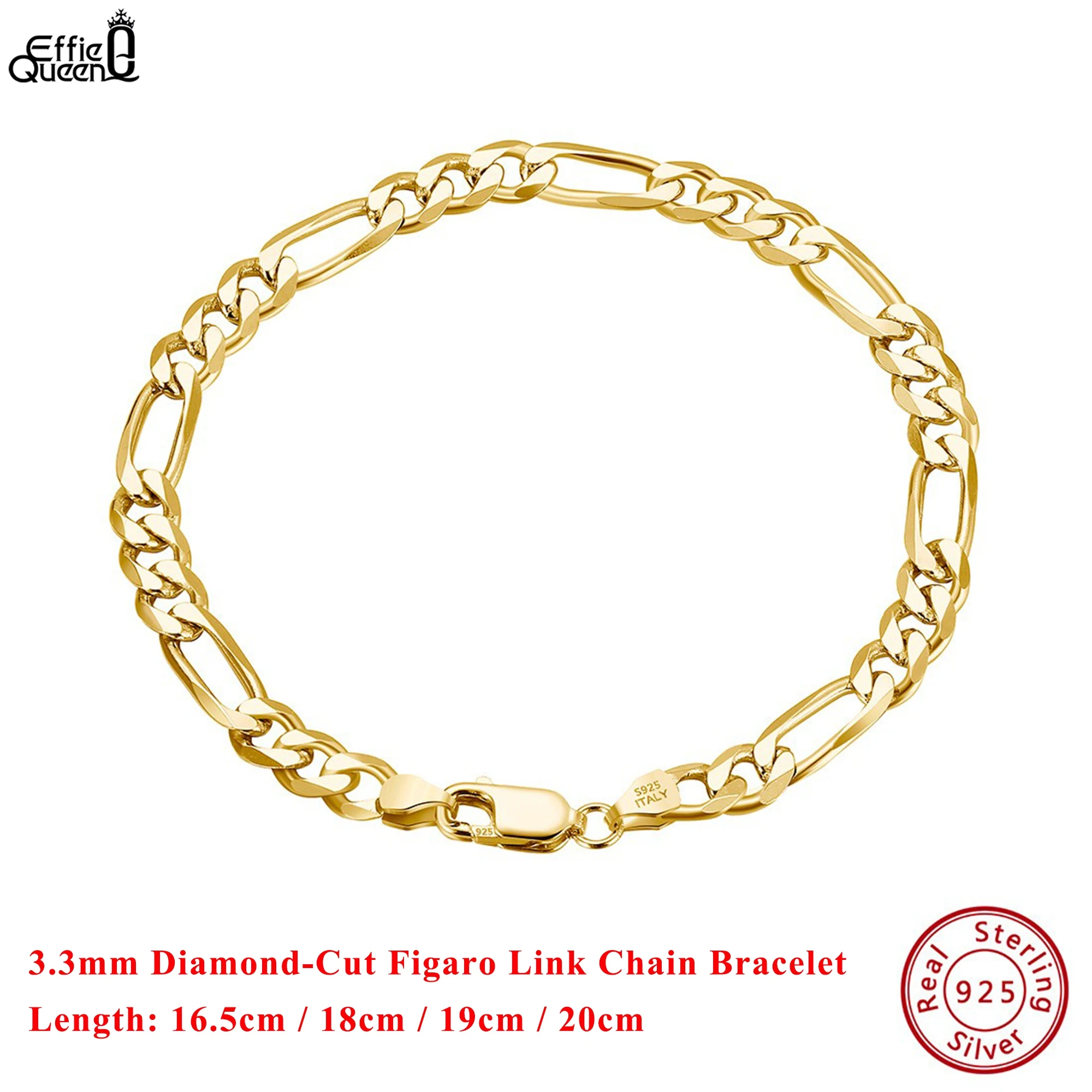 

EFFIE QUEEN 18K Gold 925 Sterling Silver 3.3mm & 5mm Diamond-Cut Figaro Chain Bracelet Minimalism Style Hand Accessory Gift SB66