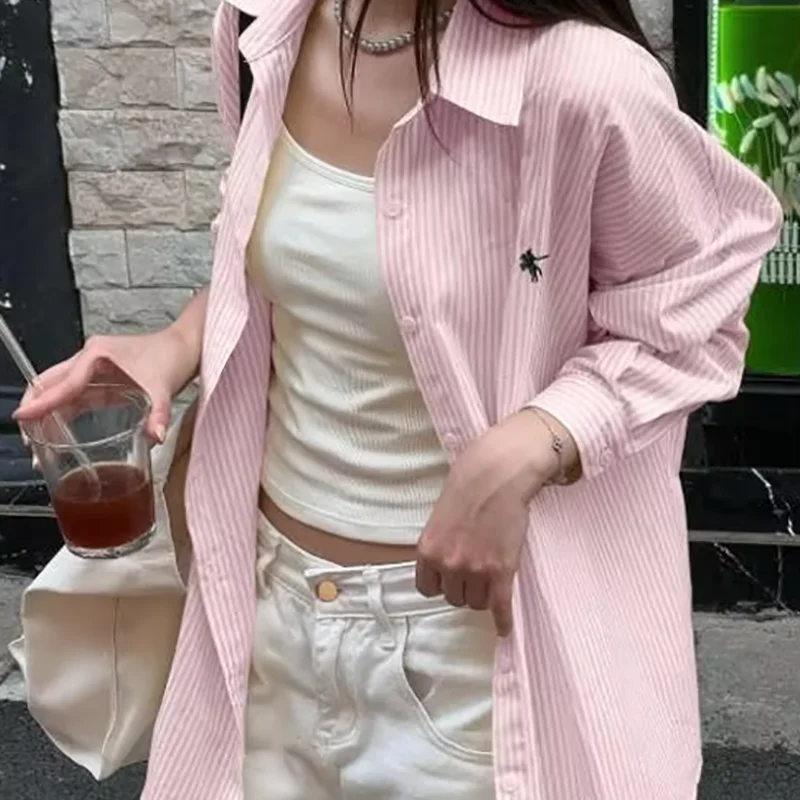 قميص ITOOLIN الجديد لقضاء العطلات الراقية للسيدات صيفي أنيق بياقة مخططة وفضفاض غير رسمي متعدد الاستخدامات وأكمام طويلة #4