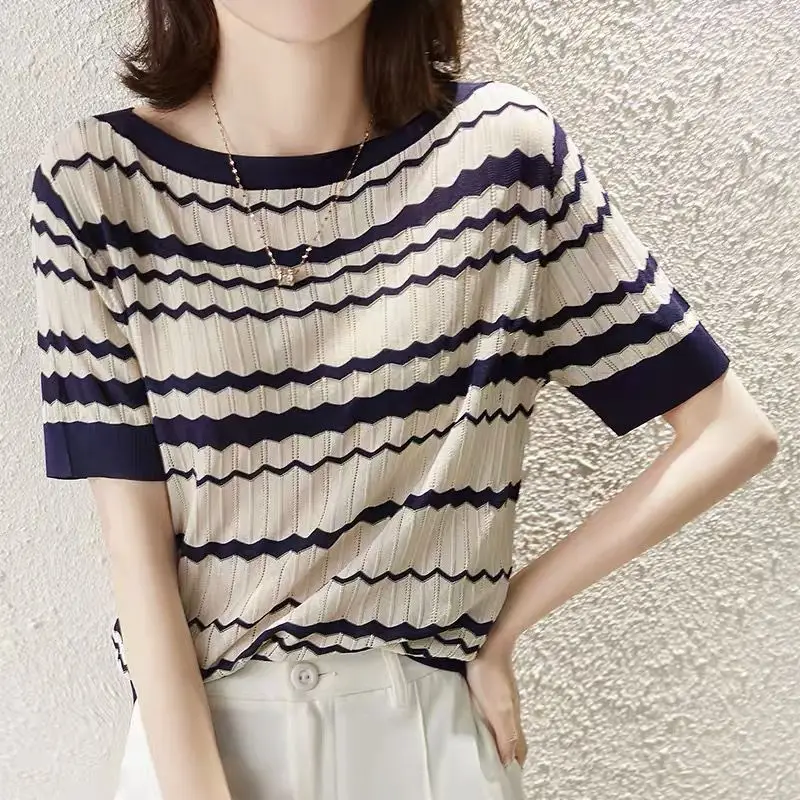 

Fashion O-Neck Knitted Hollow Out Striped T-Shirts Women's Clothing 2025 Summer New Loose Korean Tops Office Lady Tee Shirt