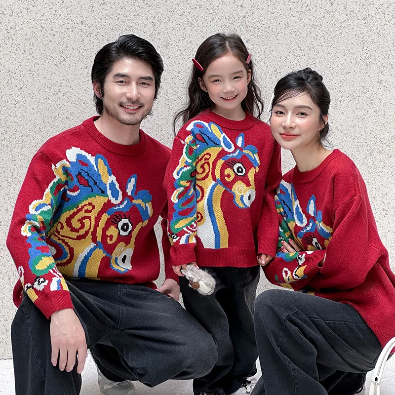 

2026 Winter New Year Family Matching Sweater Red Thick Pullover for Parents & Kids Horse Pattern Warm Outfit Christmas Gift