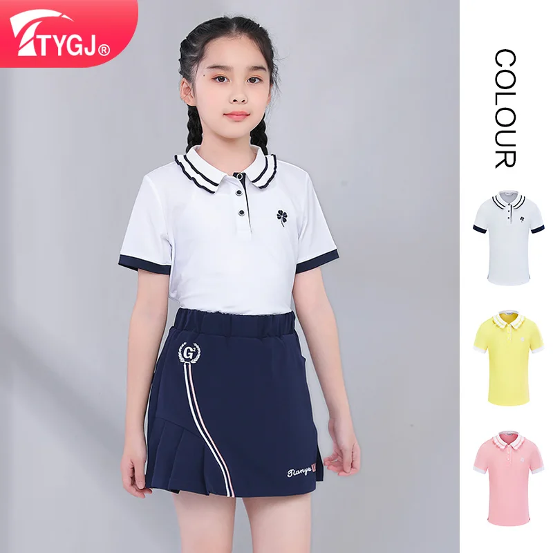 TTYGJ golf clothing children's short-sleeved polo shirt sports T-shirt girls ruffle lapel solid color top