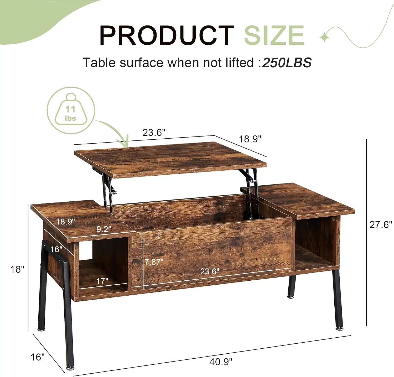 Wood Lift Top Coffee Table Hidden Compartment Storage Shelf Living Room Office Reception Rising Tabletop Brown