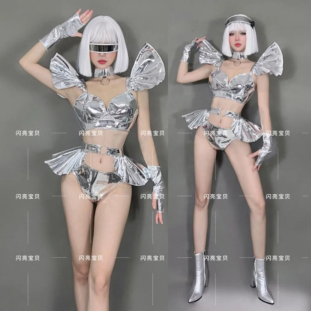 2025 Nieuwe Bar Zilver Ruimte Toekomstige Technologie Trendy Nachtclub DS Toonaangevende Dans Gogo Interactieve Mode Prestaties Jurk Set yk