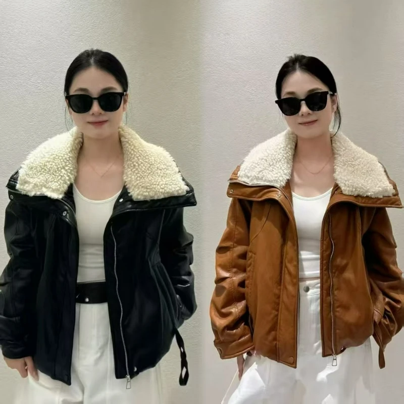 

2026 Winter New Style Fashionable Versatile Large Lapel Furplus Fleece Thick Collar Design Stylish Cinched Waist Leather Jacket