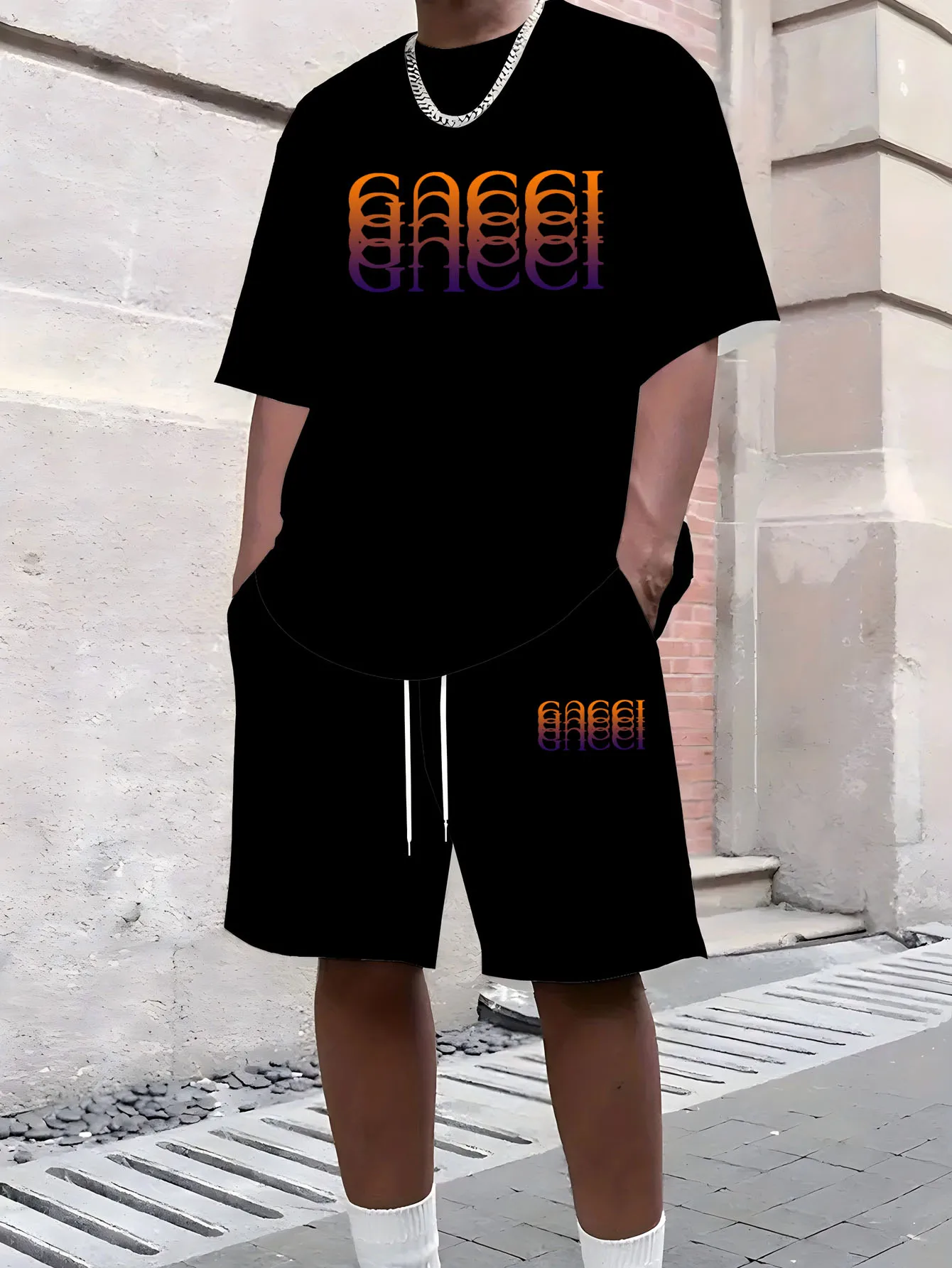 

Summer Hot Selling Men Casual Short Sleeved Set Sports Letter Printing Pattern Round Neck Short Sleeved Comfort Set Quick Drying