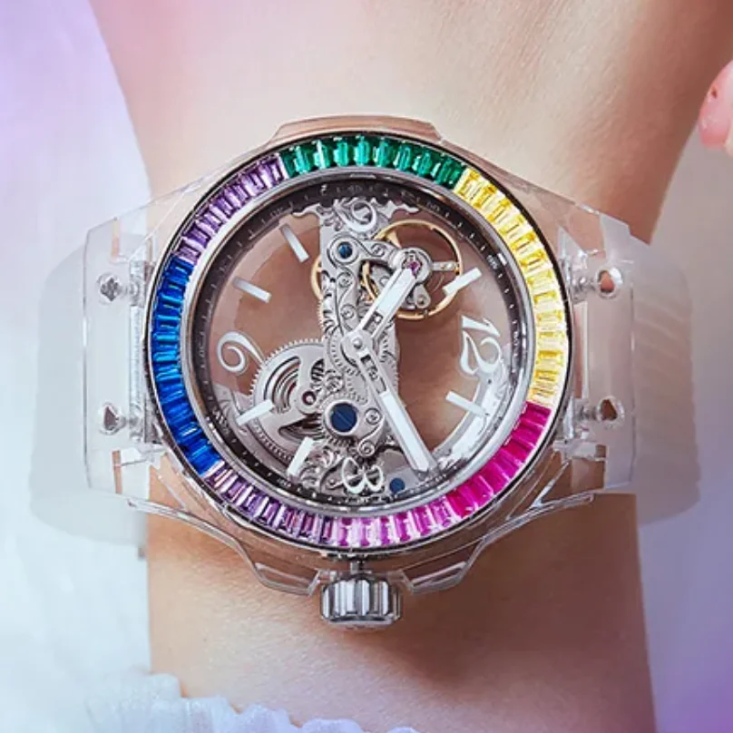 HANBORO Women Automatic Watch 41.5mm Mechanical Wristwatch Acrylic Case Crystal Bezel Sapphire Waterproof Luminous Strap Strap